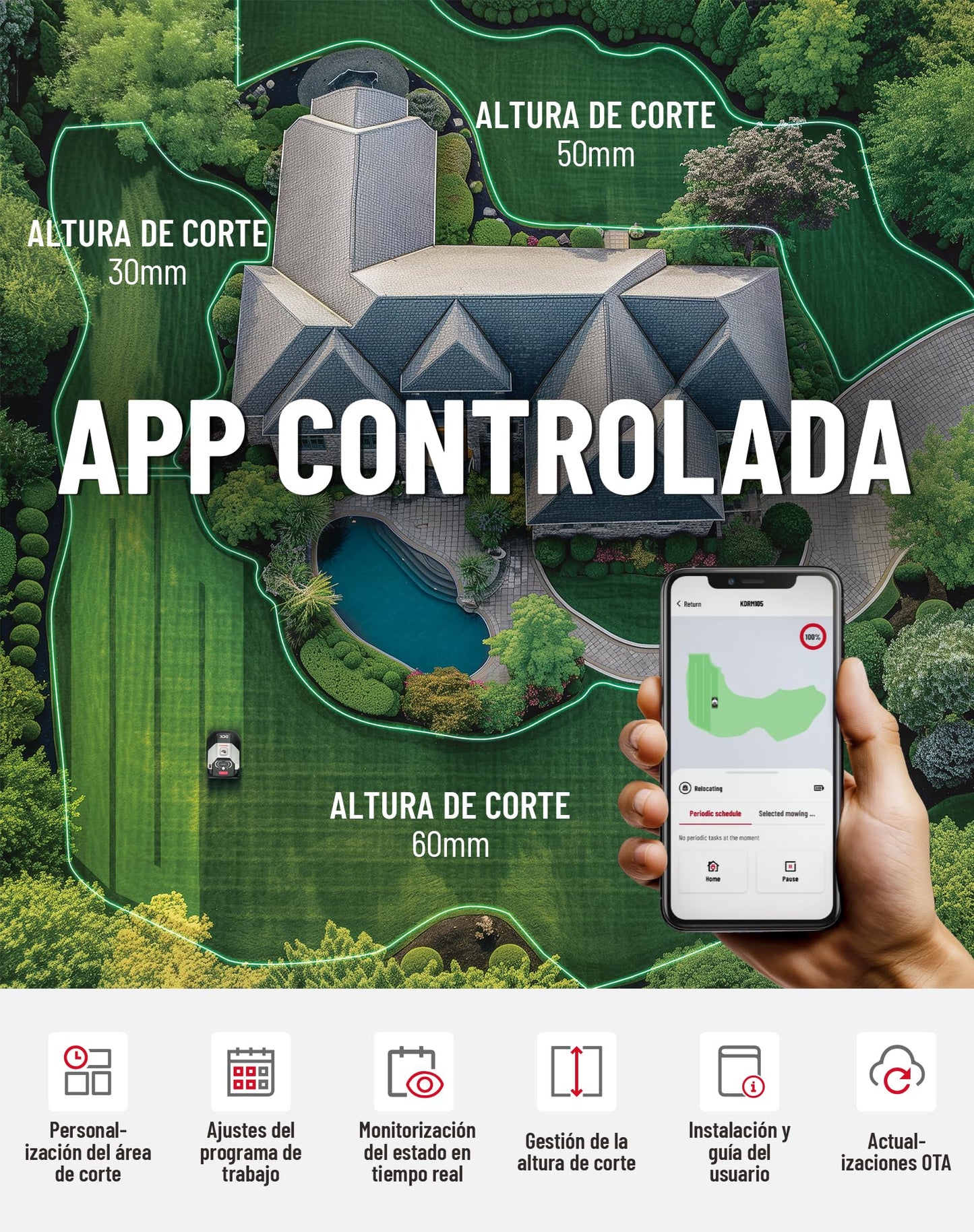 DCK KDRM105 - Robot Cortacésped 500m², LiDAR, 40% Pendiente, App, Multizona